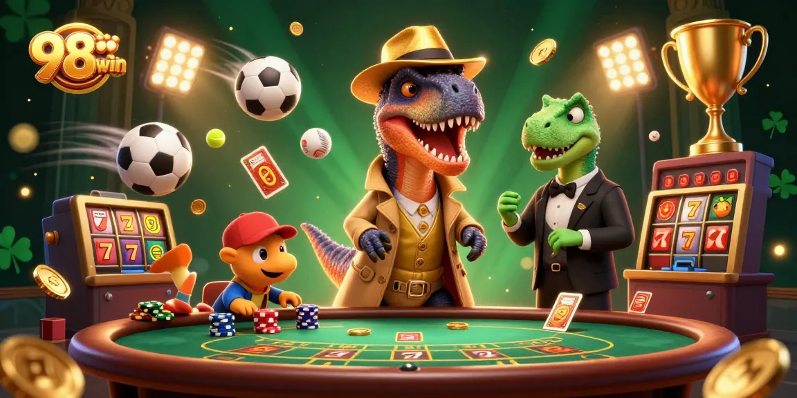 Experience thrilling gameplay at 98win with a cartoon velociraptor card counter in a lively casino atmosphere.