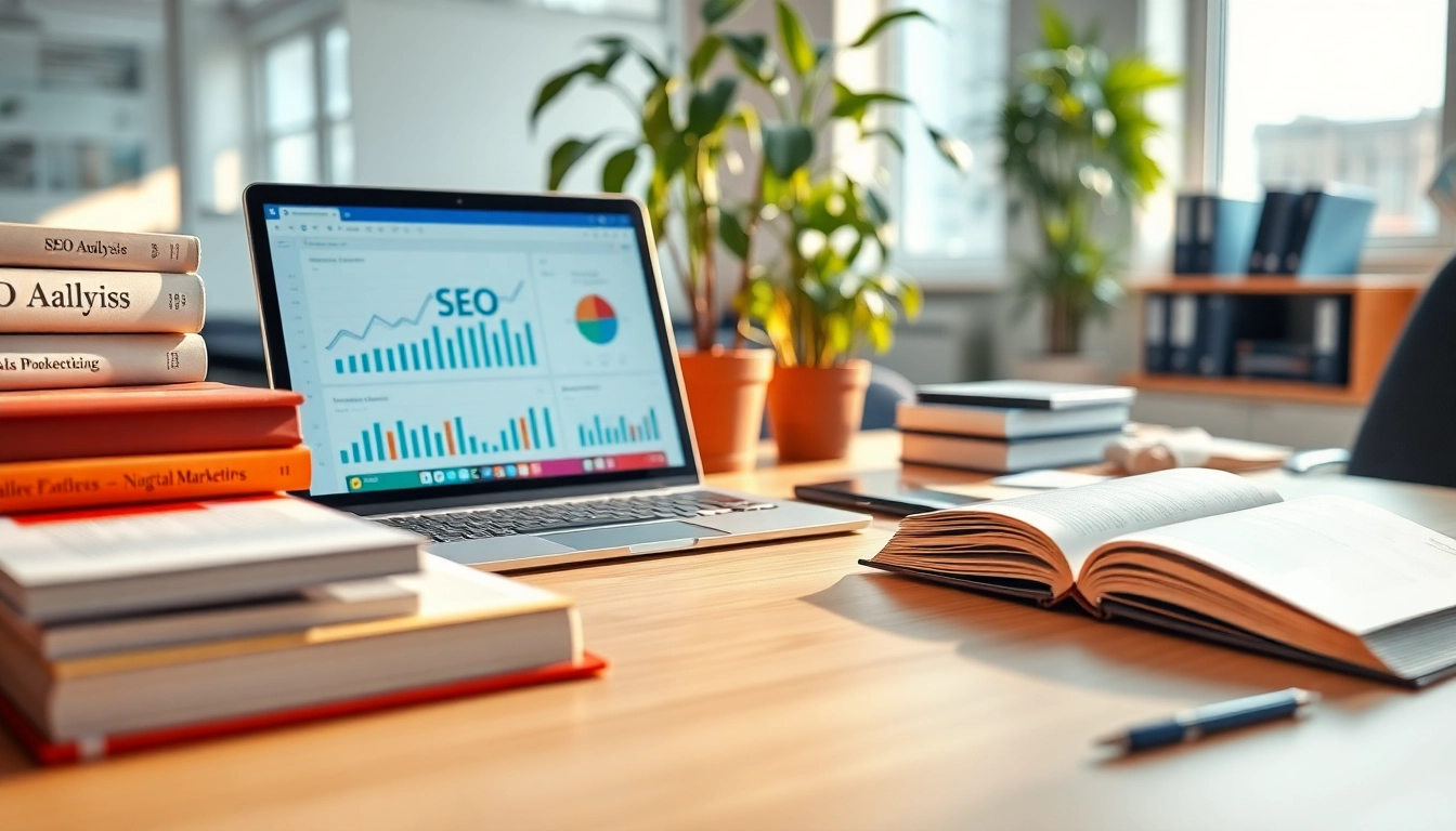 SEO Tipps und digitale Marketingtools in einem modernen Büro vorgestellt.