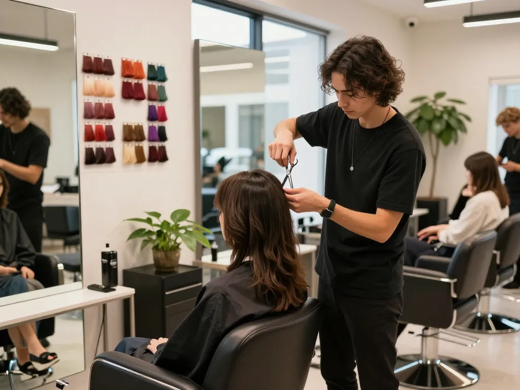 スタイリストがクライアントに対応しているスタイリッシュなヘアサロン、活気ある雰囲気の中でヘアサロンの技術を披露。