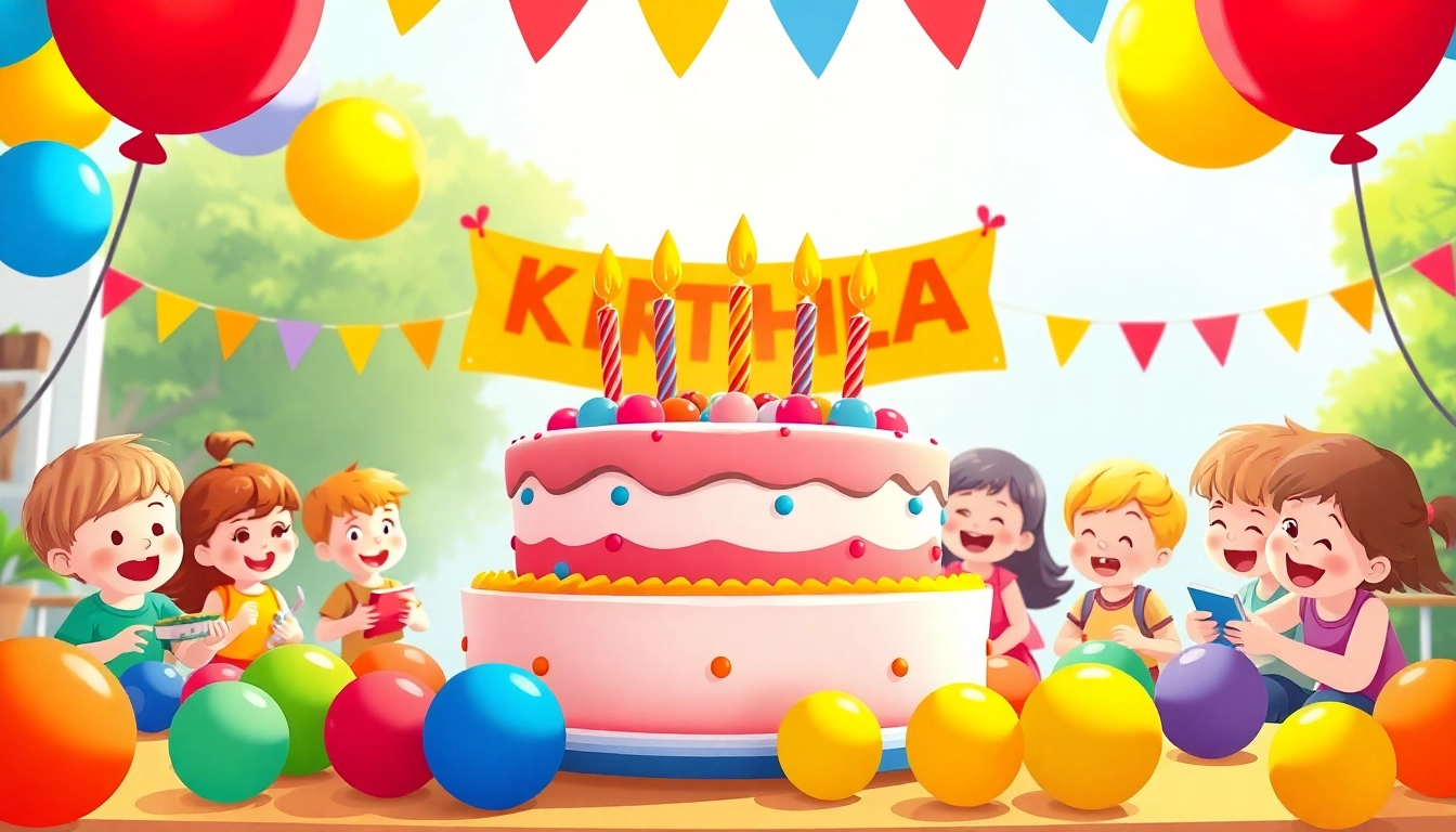Kindergeburtstag 4 Jahre mit fröhlichen Kindern, bunten Ballons und einem schönen Geburtstagskuchen.