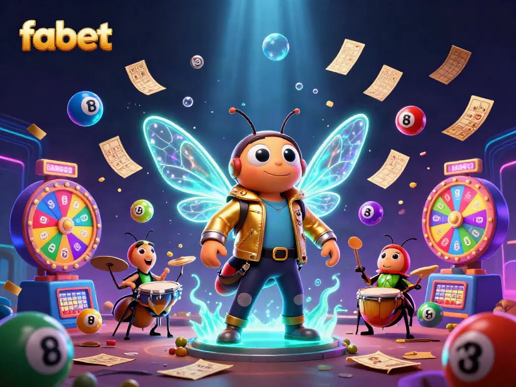 Engaging scene with a cicada rock star and beetle drummer in an electrifying casino atmosphere at fabet.