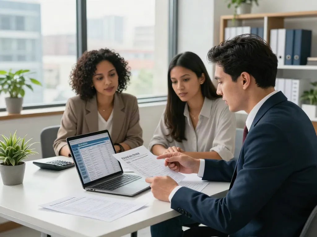 Professional advisor discussing Payday Loans Co options with clients in a modern office.