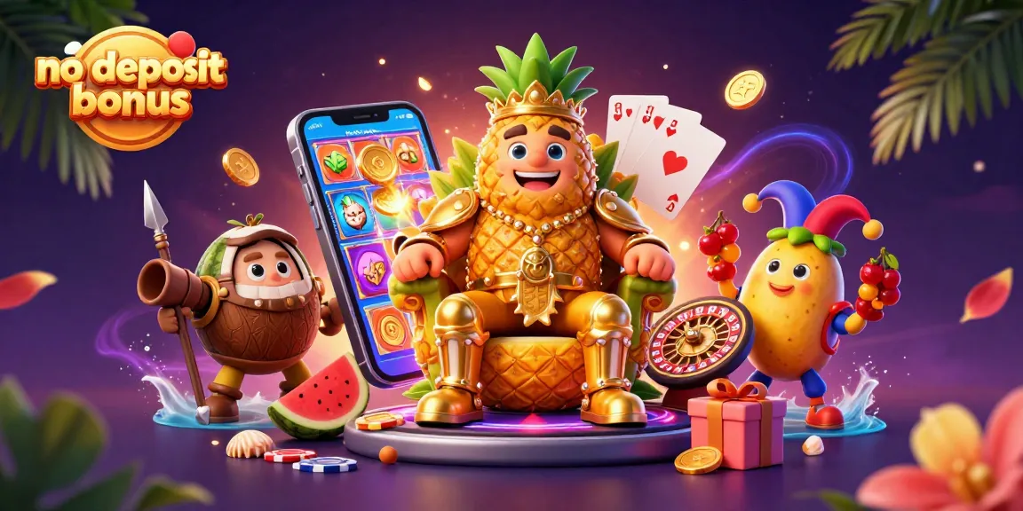 Engage in thrilling action with a no deposit bonus at a vibrant casino scene featuring a pineapple king and a jester.