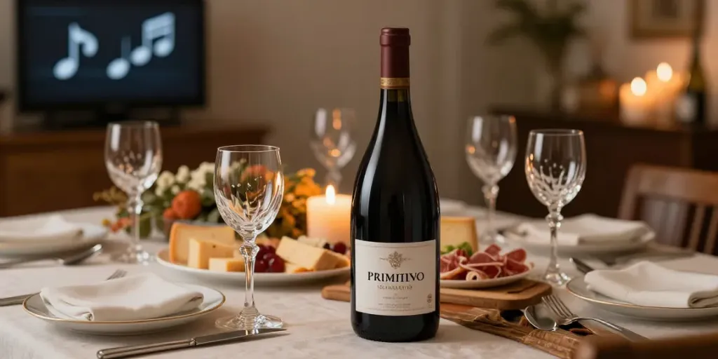 Elegante Primitivo Magnum Weinflasche auf einem festlichen Tisch mit Käse und Charcuterie.