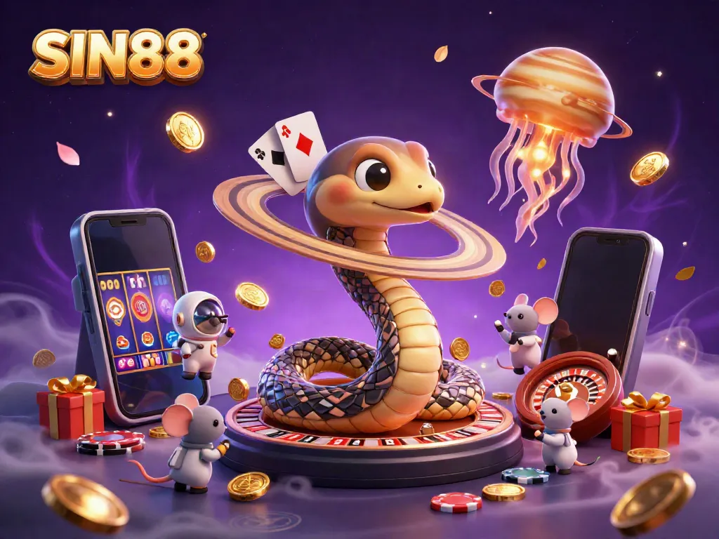 Experience the excitement of SIN88 with a vibrant 3D casino illustration featuring a whimsical roulette wheel and cosmic dealer.