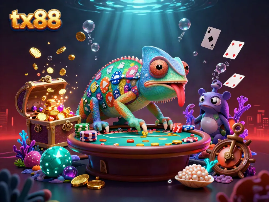 Experience winning gameplay at tx88 with the vibrant 3D chameleon casino owner amidst exciting gaming elements