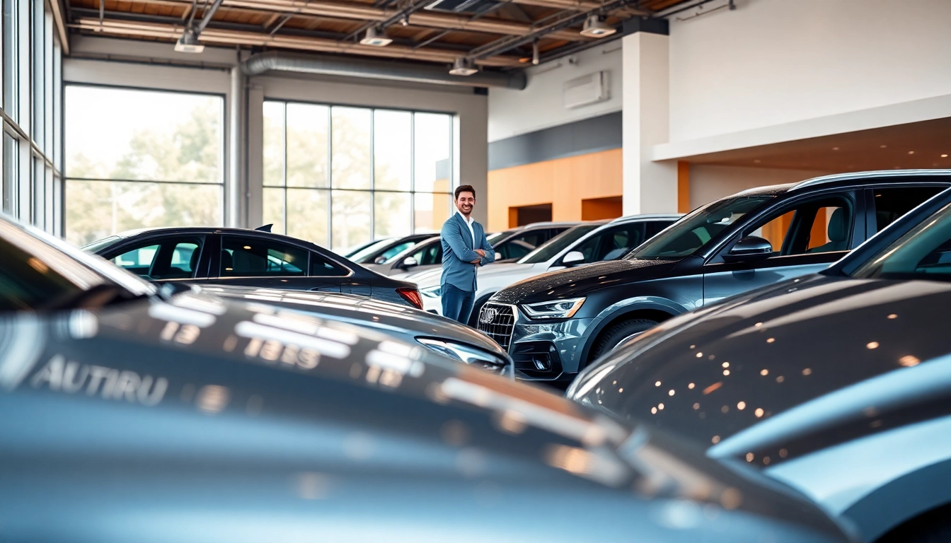 Auto kaufen in einem modernen Autohaus mit Kunden und eleganten Fahrzeugen.