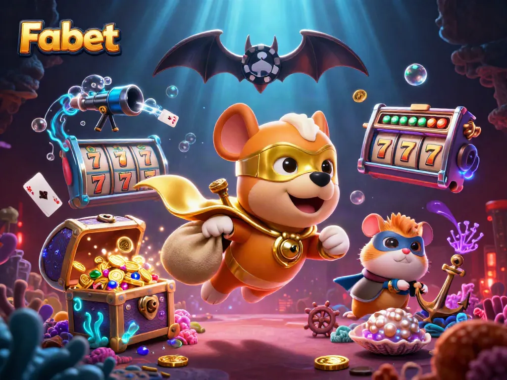 Fabet superhero dog flying with gold coins, colorful gems, and dynamic casino elements in a vibrant scene.