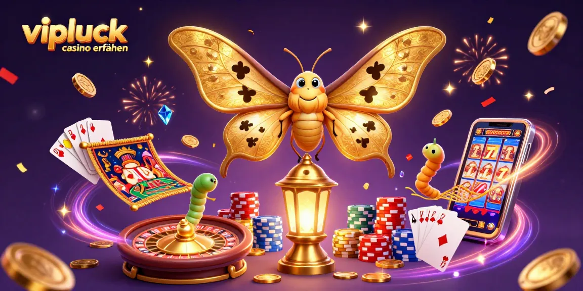 Erleben Sie VIPLuck Casino Erfahrungen mit einem majestätischen Atlas-Moth, umgeben von Casino-Motiven.