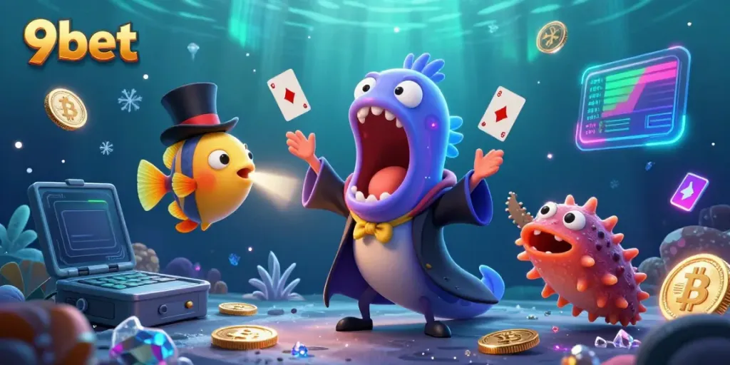 Watch the 9bet deep-sea casino scene with characters performing tricks amidst Bitcoin and Ethereum coins.