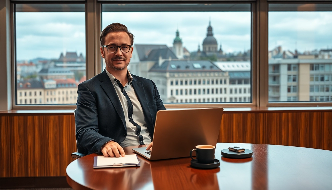 Headhunter Nürnberg: Professioneller Headhunter im Büro mit Nürnberg Skyline.