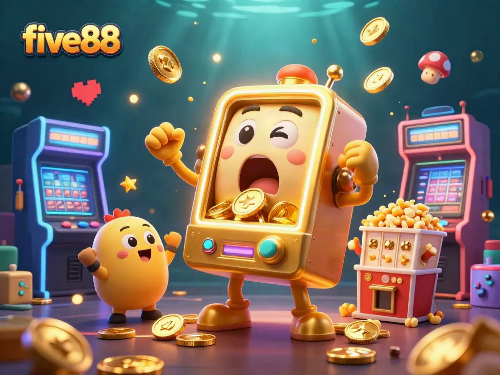 Experience the thrill of five88 with a dynamic golden slot machine winning a jackpot surrounded by cheerful characters.