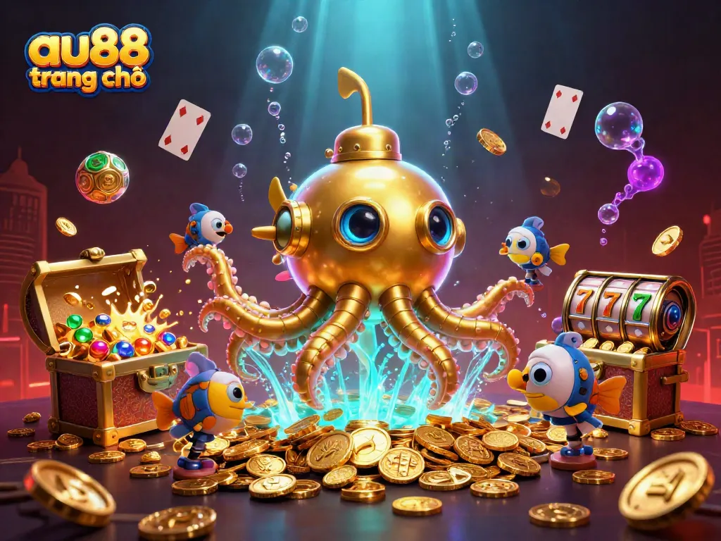 Engage with immersive online gaming at au88 trang chủ, featuring a kraken submarine amidst casino symbols and gold.
