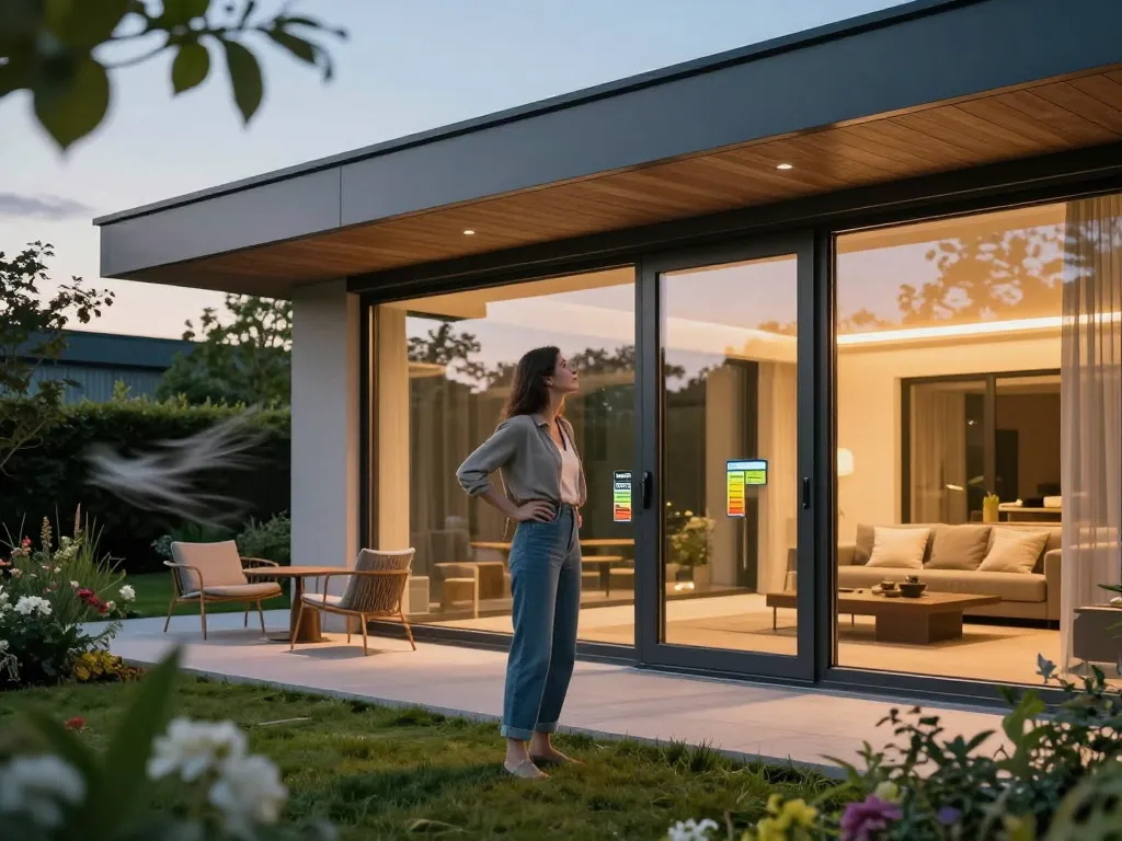 Modernes Zuhause mit fenster schüco energieeffizienten Fenstern und Türen in der Dämmerung.