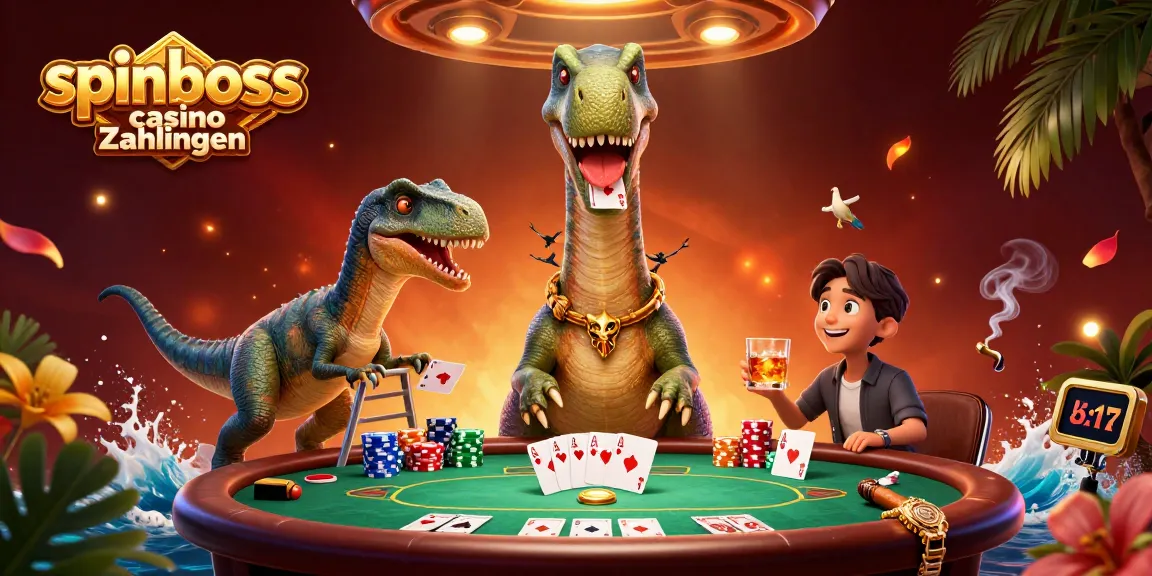 Spinboss casino zahlungen: Brontosaurus schaut auf Pokertisch, während cleverer Raptor Karten dealt.