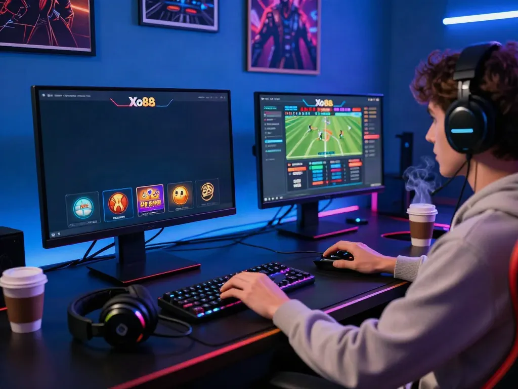 Xo88 online gaming setup with dual monitors, colorful LED lights, and a focused poker player.