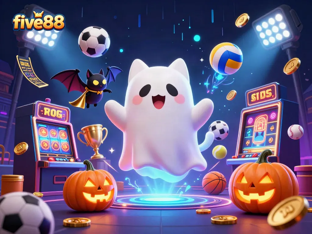 Engage with five88 as a ghost cat navigates a vibrant haunted casino, showcasing thrilling betting elements and festive visuals.