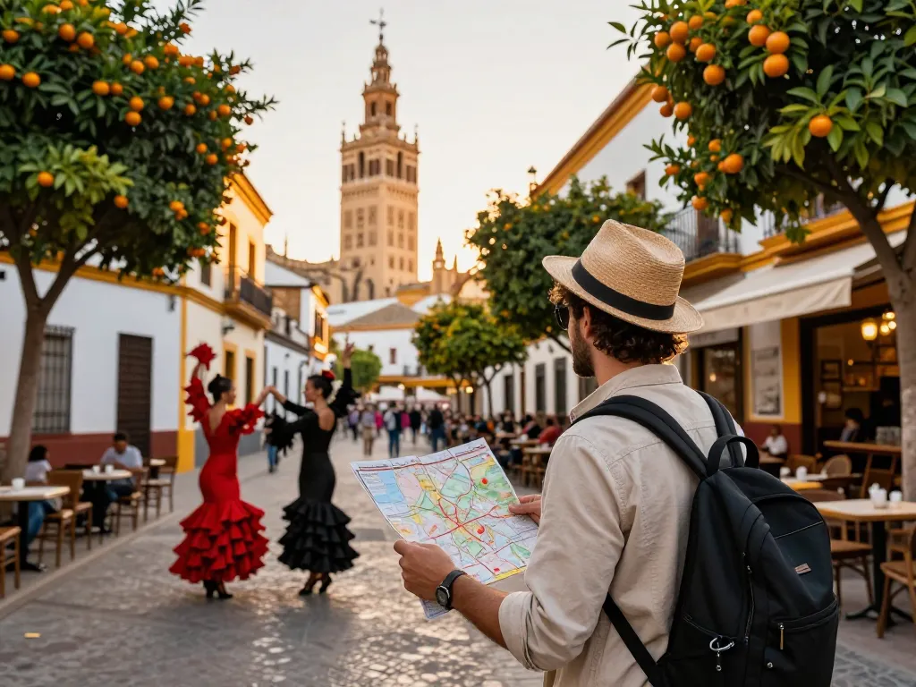Reisetipps Sevilla Reisender genießt lebendige Straßen, authentische Erlebnisse und lokale Sehenswürdigkeiten.