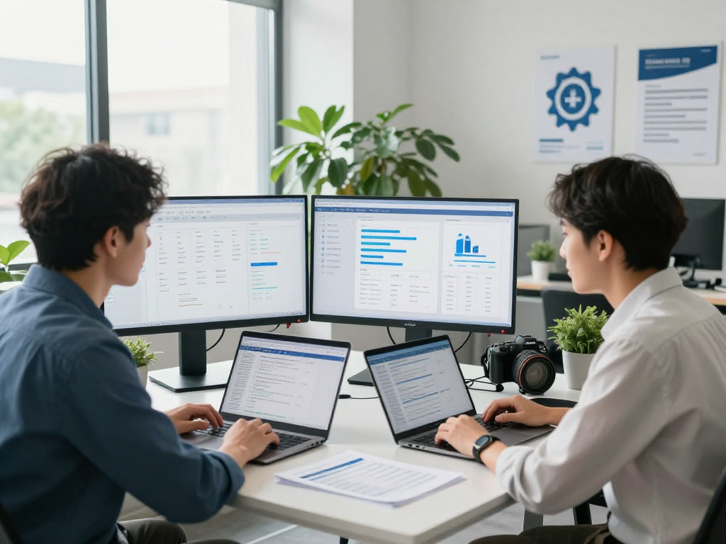Wissen / Blog-Hub: Professionelle Büro-Szene mit Datenanalysen zur DSGVO