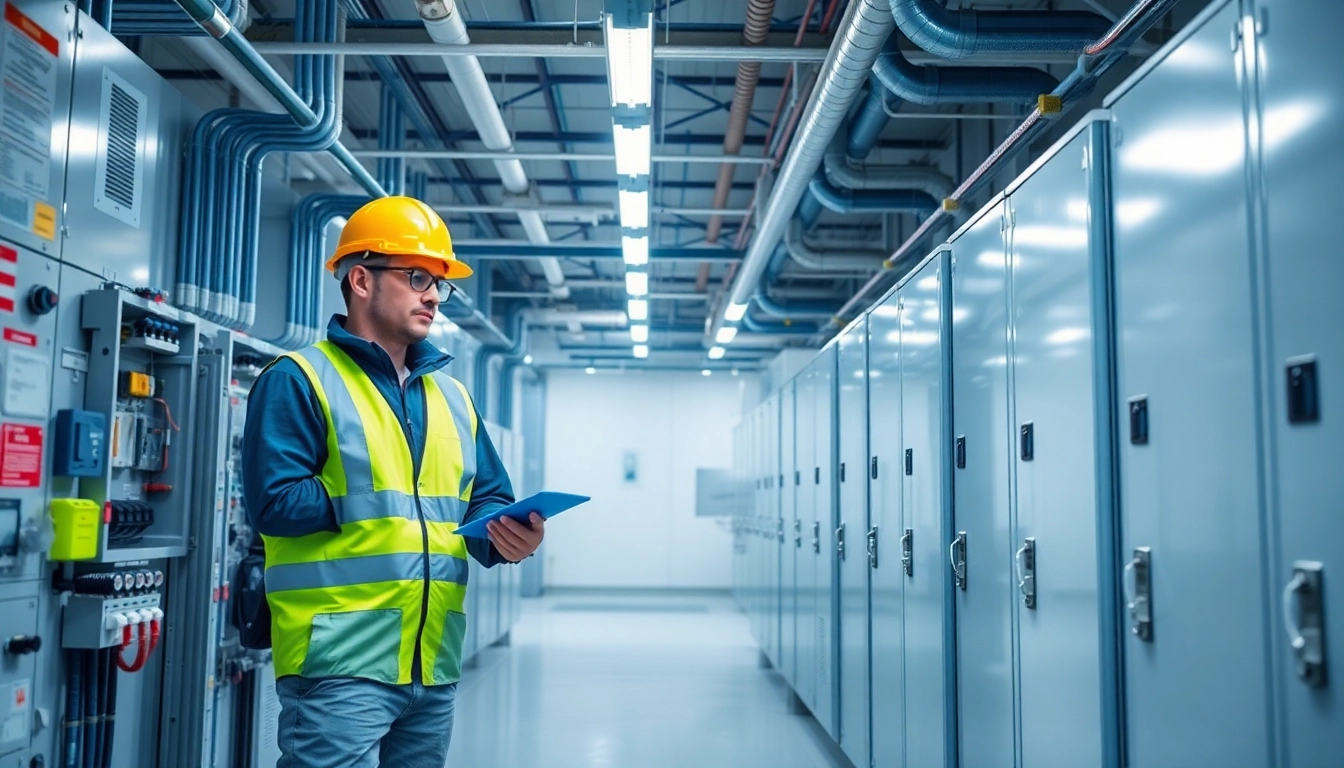 Technicians conducting a DGUV V3 Prüfung for electrical safety inspection, ensuring workplace safety.