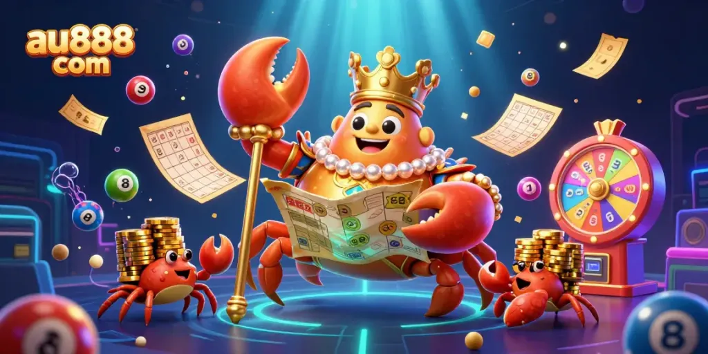 Experience winning strategies at au888 com in a vibrant casino scene featuring a golden crab emperor and lottery elements.
