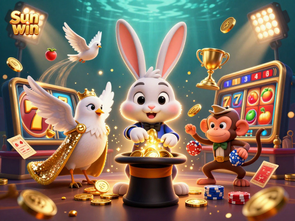 Spin to win with Sun win at a lively casino scene featuring a magician and vibrant game elements.
