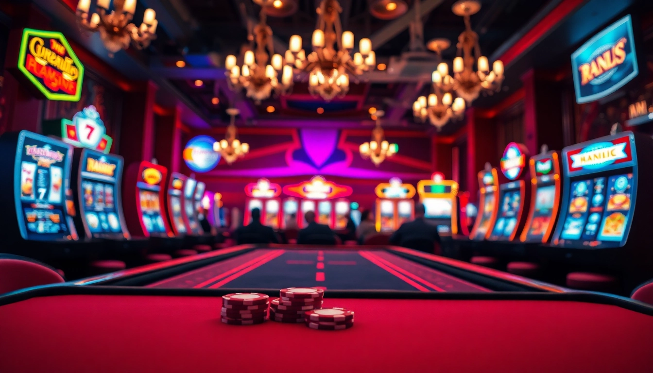 Erleben Sie Golisimo Germany in einem aufregenden Casino mit eleganten Tischen und bunten Spielautomaten.