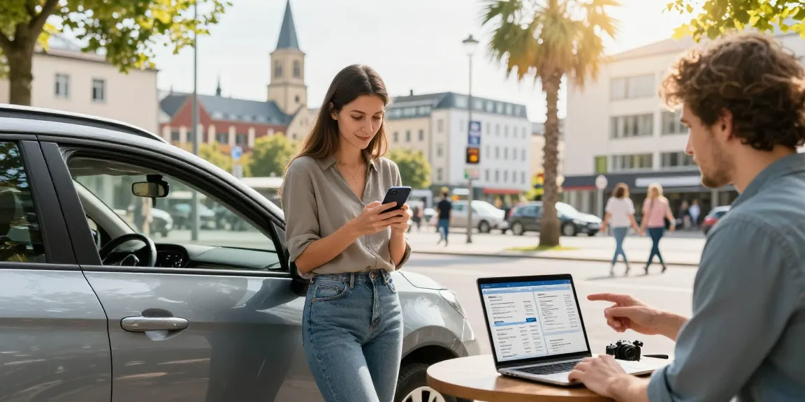 Junge Fahrerin prüft Autoversicherung in Dortmund via Smartphone, umgeben von einer lebhaften Stadtszene.
