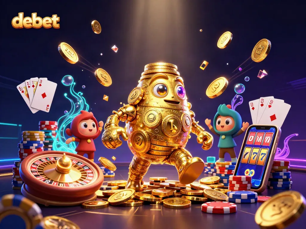 Experience the excitement of debet betting with a vibrant 3D casino scene filled with golden golems and dynamic game elements.