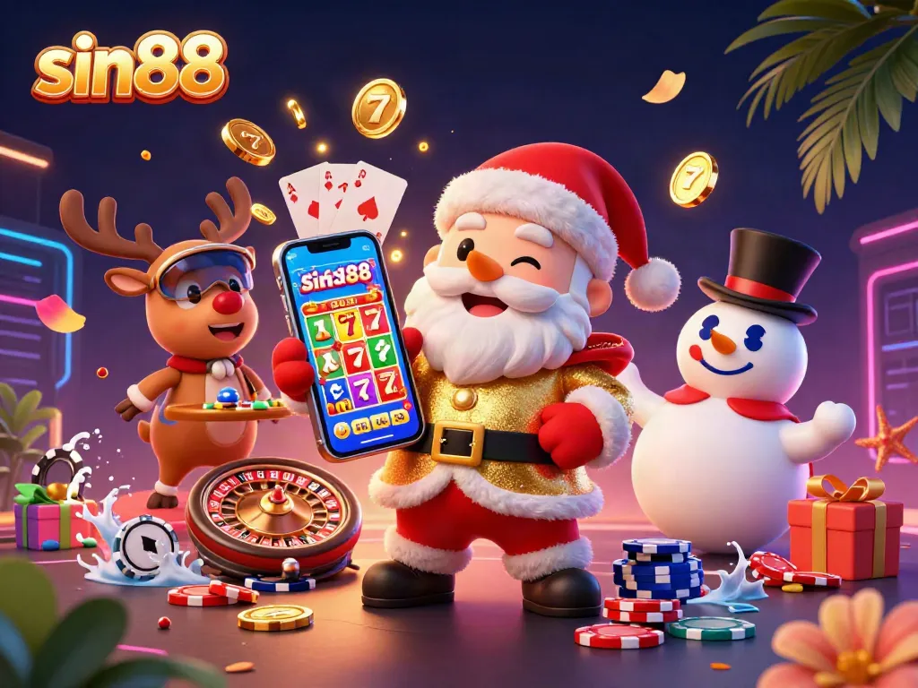 Engage with sin88's vibrant casino experience featuring animated Santa celebrating jackpots with his reindeer and snowman friends.