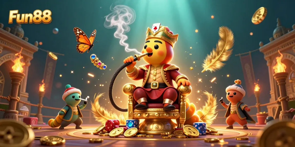 Experience Fun88 with a vibrant scene featuring a cartoon caterpillar masterfully controlling poker elements.