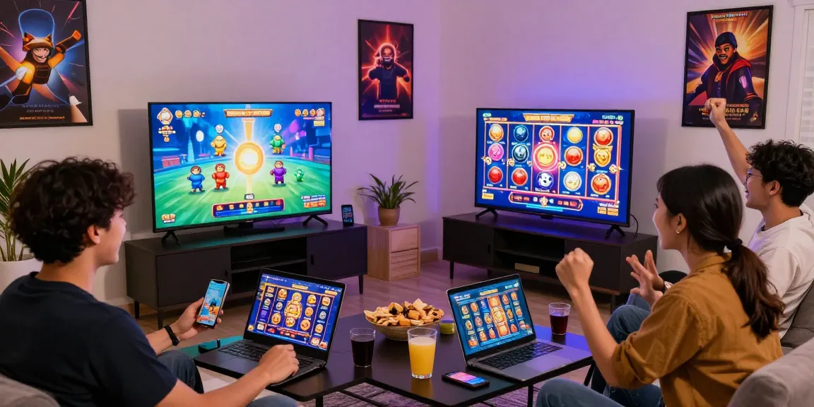 Pengalaman bermain Slot Gacor online yang menyenangkan dengan teman-teman di ruang tamu.