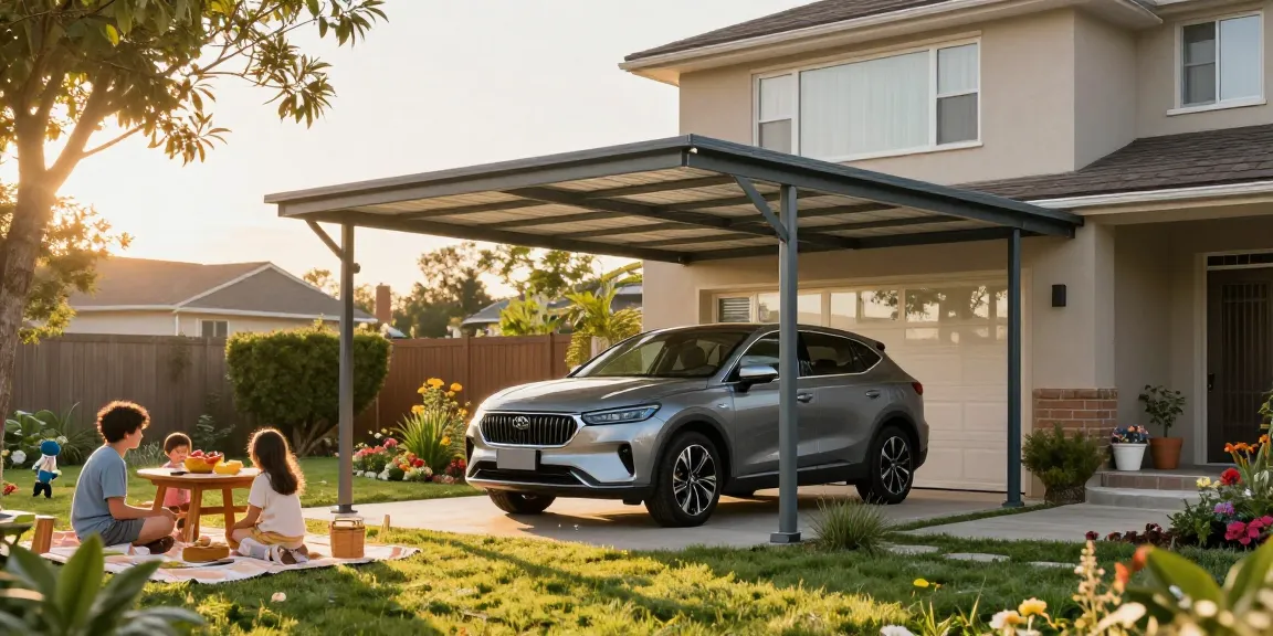 Moderner Carport schützt Fahrzeug in idyllischer Gartenlandschaft mit Familie beim Picknick.