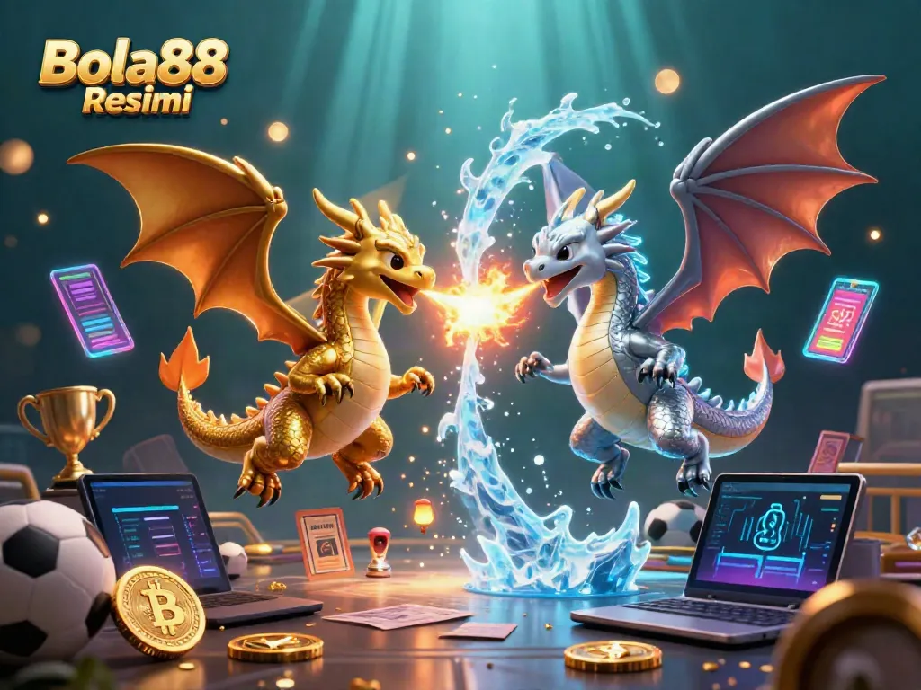 Experience dynamic sports betting action with Bola88 Resmi featuring intertwined dragons, vibrant coins, and game elements.