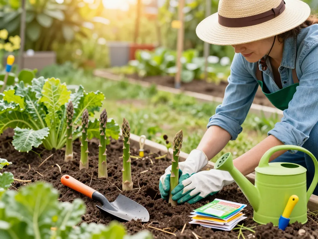 Gardener planting grüner spargel pflanzen in a sunlit, vibrant vegetable garden.