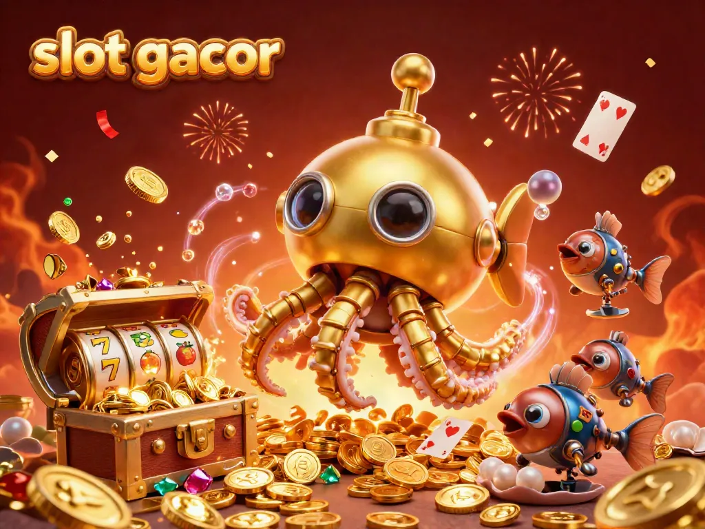 Engage with slot gacor in a vibrant underwater scene filled with gold coins, slot reels, and mechanical fish.