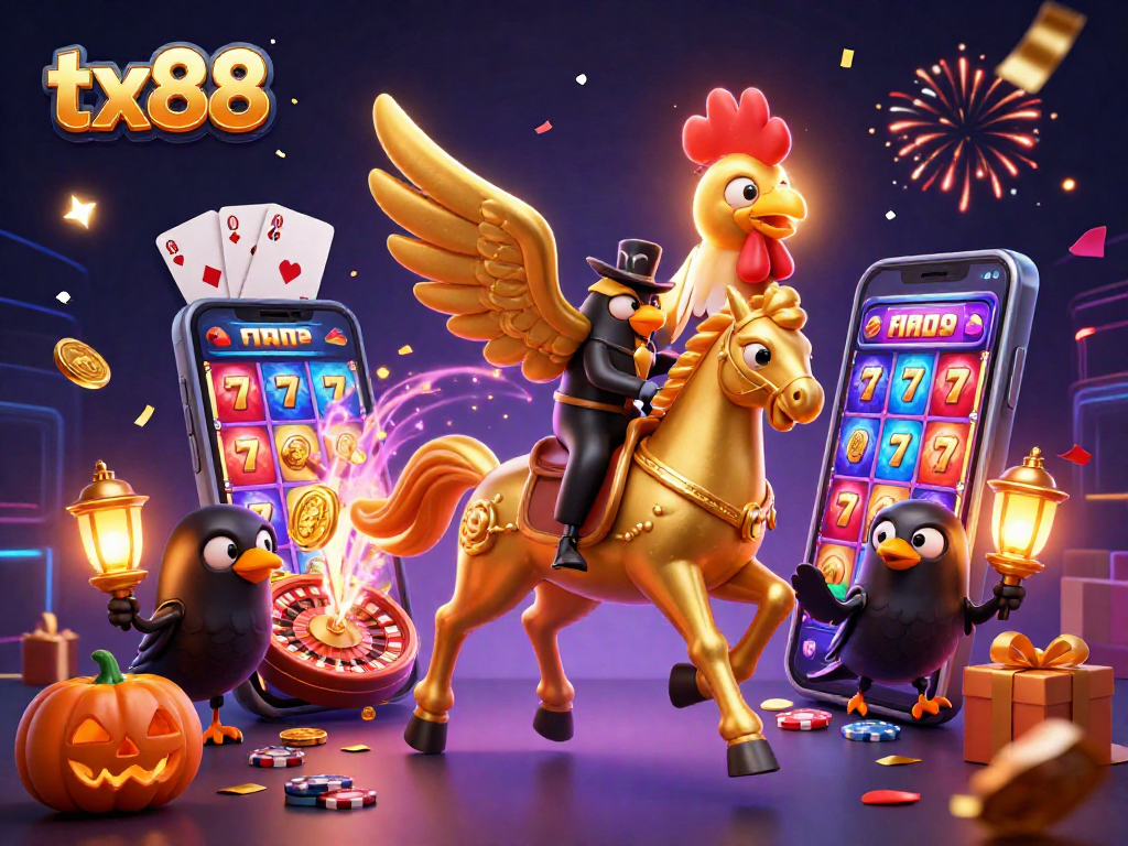 Experience the vibrant tx88 gaming scene with a golden rooster and spectacular casino effects.