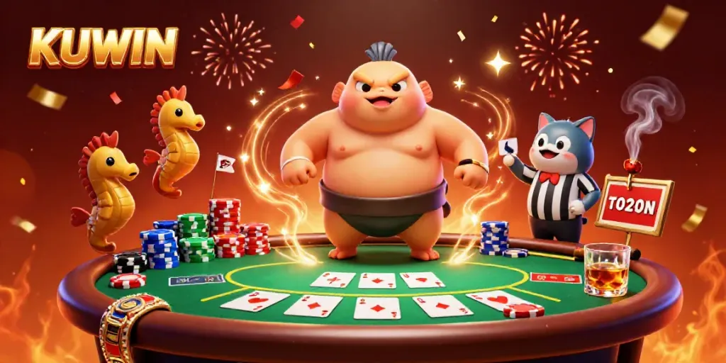 KUWIN showcases a vibrant casino scene with a blowfish and referee amid dynamic poker action.