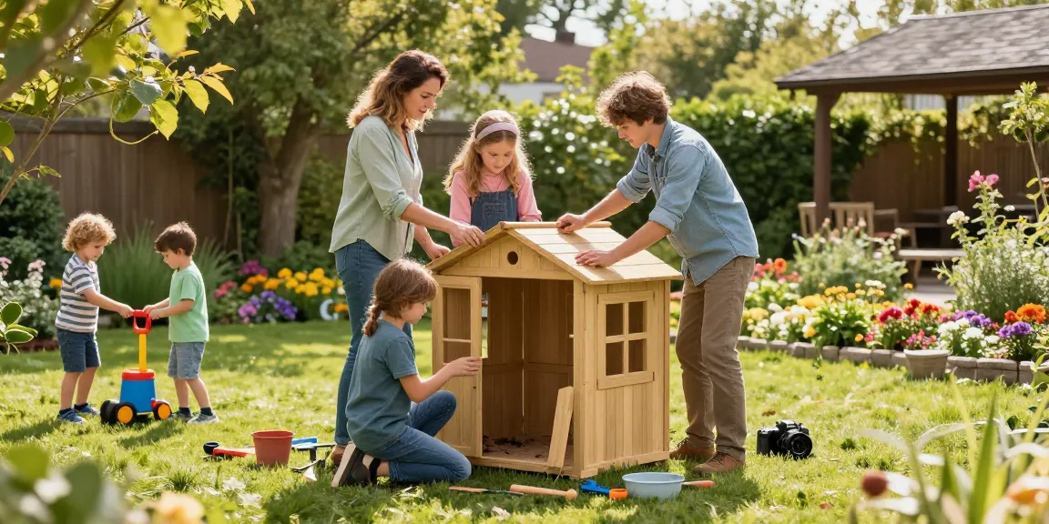 Familie baut ein Gartenhaus Holz im Garten mit Werkzeugen und bunten Blumen.