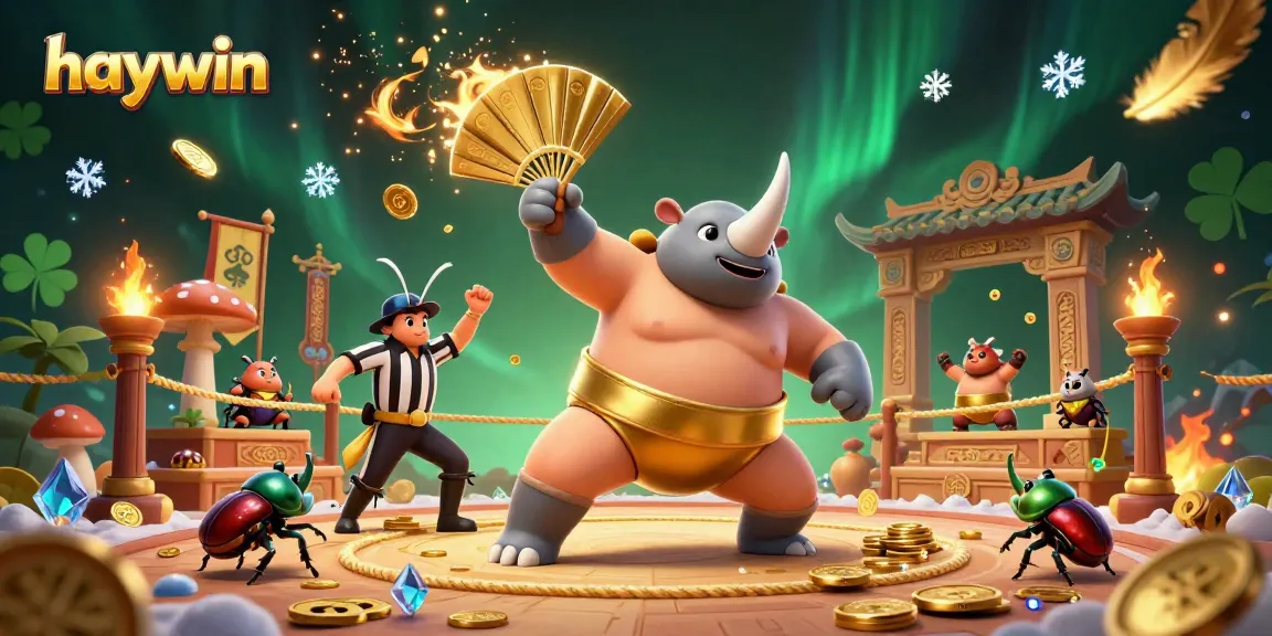 Engage in exhilarating bets with the haywin sumo champion beetle amidst flying coins and vibrant casino elements