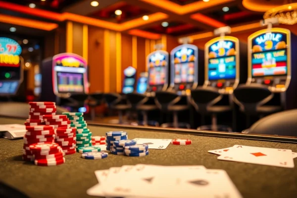 Spiele in Casinos online Deutschland: Ein einladendes Casino mit Karten und Spielautomaten im Vordergrund.