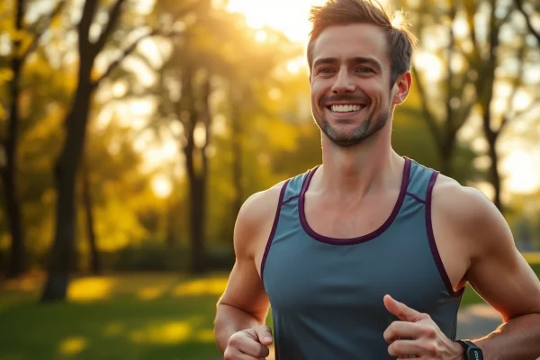 Motivierter Mensch joggt im Park, symbolisiert Gewichtsverlust und gesunden Lebensstil.