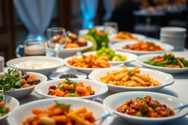 Festliches Catering-Buffet mit einer Auswahl an hochwertigen Speisen und Getränken ansprechend arrangiert.