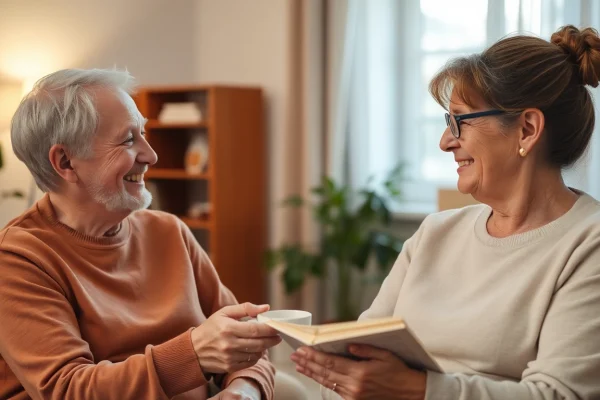 Pflegedienst zeigt eine Pflegekraft, die empathisch einem älteren Menschen im Wohnzimmer hilft.