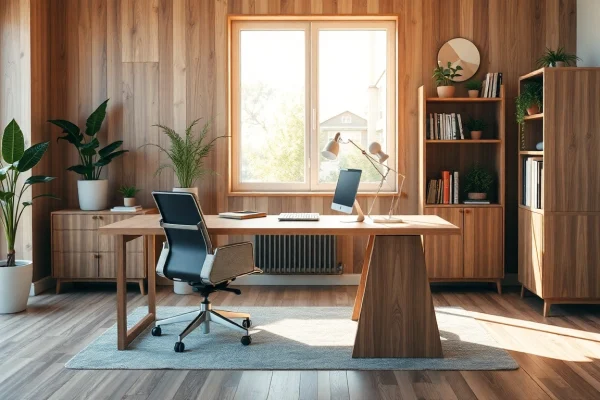 Moderne Büromöbel in einem stilvollen Büro, das einen ergonomischen Schreibtisch und Stuhl zeigt.