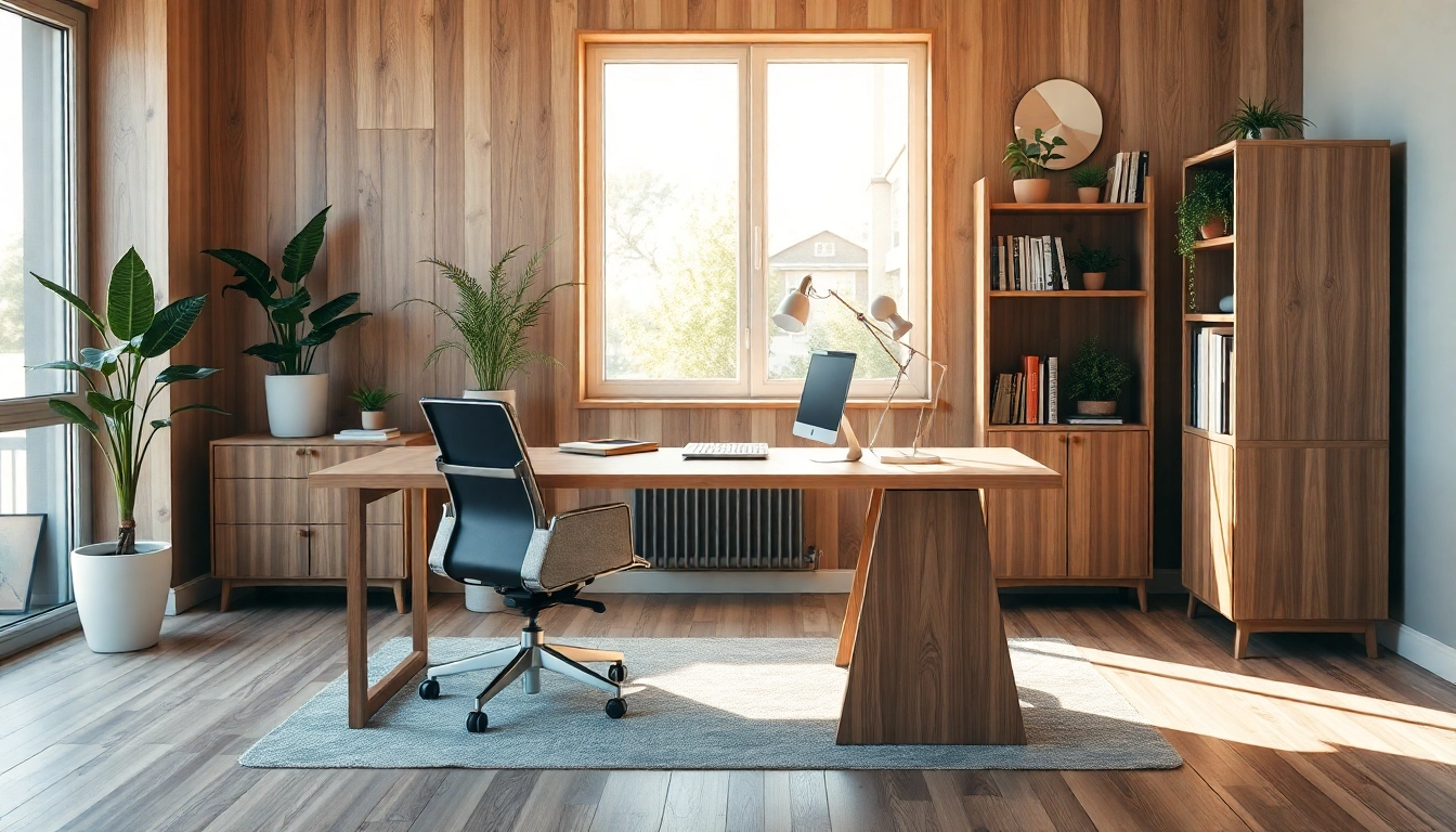 Moderne Büromöbel in einem stilvollen Büro, das einen ergonomischen Schreibtisch und Stuhl zeigt.