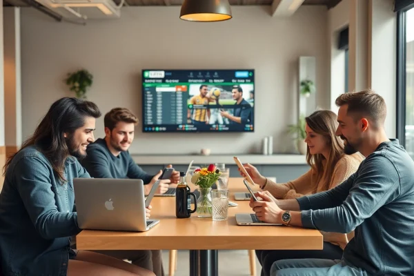 Junge Leute platzieren Sportwetten bei einem Wettanbieter ohne deutsche Lizenz in einem modernen Café.