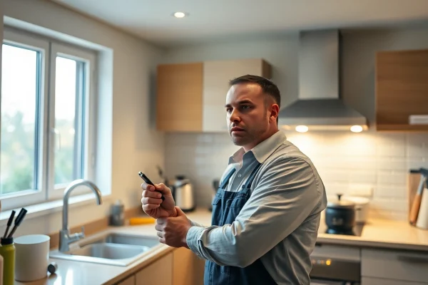 Installateur Notdienst: Professioneller Klempner repariert Wasserhahn in moderner Küche.