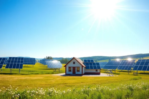 Grafik zur Darstellung von solarbetriebenen Freiflächen mit Solarpanelen und einer Bauernhof-Silhouette, die FREIFLÄCHE VERPACHTEN betont.