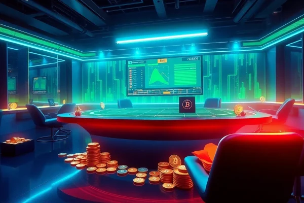 Explore the excitement of a crypto betting platform featuring a futuristic betting table illuminated by vibrant neon colors.